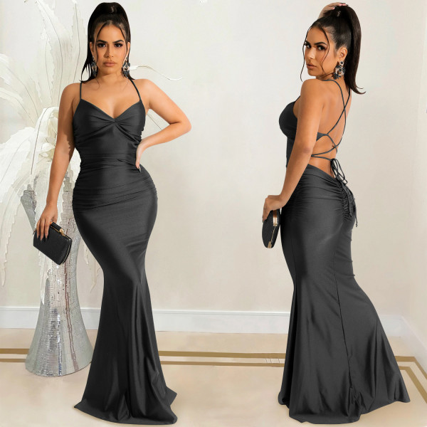 Solid color sexy suspender wrap chest open back strap tight dress