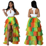 Irregular slit skirt printed mesh cake skirt