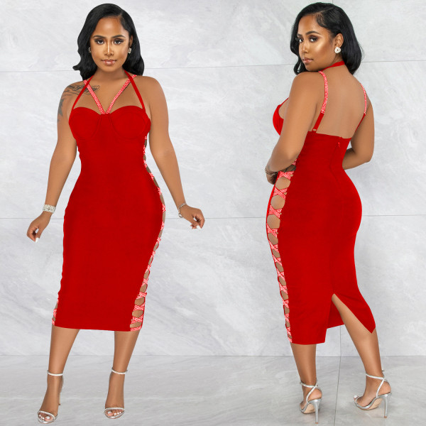 Solid color sexy suspenders hollow zipper long skirt slit dress women