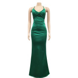 Solid color sexy suspender wrap chest open back strap tight dress