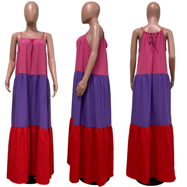 Women's Patchwork Sexy Sleeveless Contrast Long Swing Dress