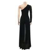Solid color sexy mesh see-through one-shoulder slanted collar long-sleeved trousers jumpsuit women