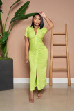Solid Color V-Neck Pleated Button Dress