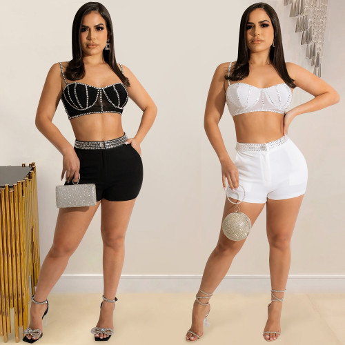 Hot Diamond Sling Zip Wrap Chest Tank Top Shorts Two-piece Set