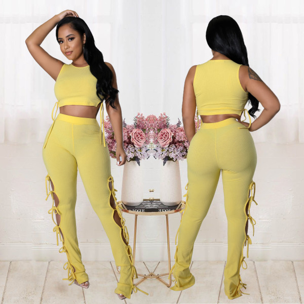 Sleeveless Two-Piece Set in Hollow Lace-Up Solid Pit-Bar Fabric