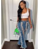 Eyelet String Fringe Straight Pants Elastic Sexy Slim Denim Trousers