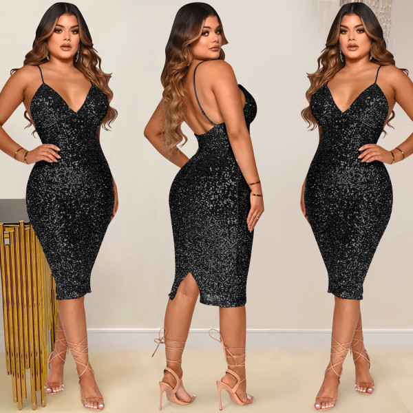 Solid Color Sequins Sexy Sling V-Neck Mid Skirt Dress Women