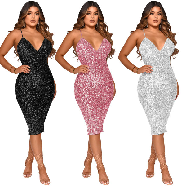 Solid Color Sequins Sexy Sling V-Neck Mid Skirt Dress Women