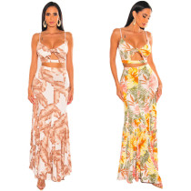 Sexy Sling Dress New Slim Print Long Dress Two Piece Set