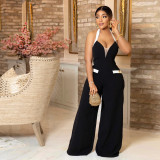 Fashion casual hanging neck V-neck wide-leg comfortable loose jumpsuit new