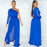Solid color sexy mesh see-through one-shoulder slanted collar long-sleeved trousers jumpsuit women
