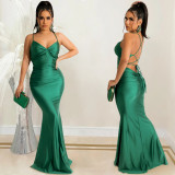 Solid color sexy suspender wrap chest open back strap tight dress