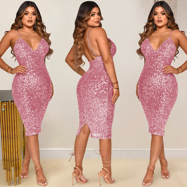 Solid Color Sequins Sexy Sling V-Neck Mid Skirt Dress Women
