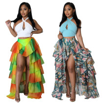 Irregular slit skirt printed mesh cake skirt