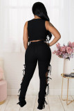 Sleeveless Two-Piece Set in Hollow Lace-Up Solid Pit-Bar Fabric