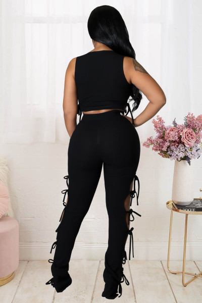 Sleeveless Two-Piece Set in Hollow Lace-Up Solid Pit-Bar Fabric
