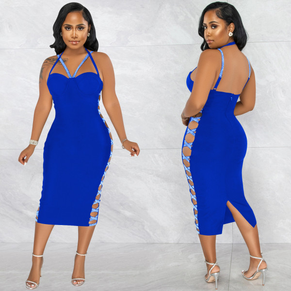 Solid color sexy suspenders hollow zipper long skirt slit dress women