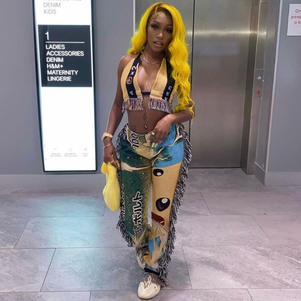 Digital Positioning Emoticon Letter Print Hanging Shoulder Wrap Chest Open Back Fringe Two-piece Set