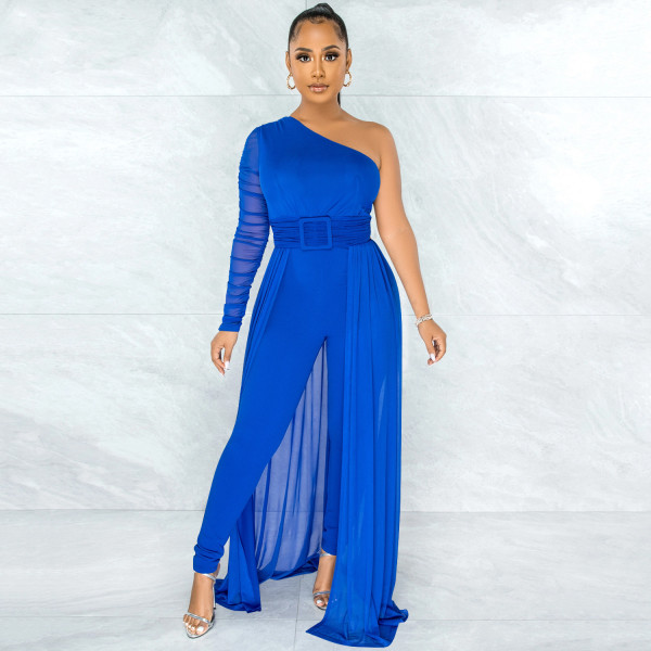 Solid color sexy mesh see-through one-shoulder slanted collar long-sleeved trousers jumpsuit women