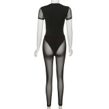 Women's Solid Color Slim Fit Short Sleeve One Piece High Waist Mesh Sheer Pants Set