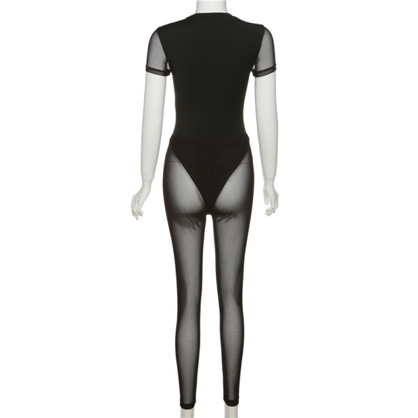 Women's Solid Color Slim Fit Short Sleeve One Piece High Waist Mesh Sheer Pants Set