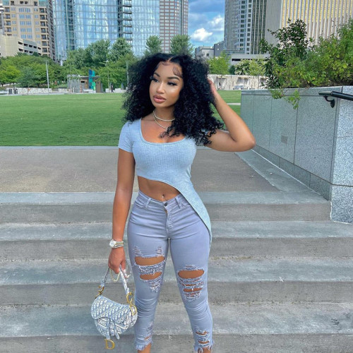 Top Short Sleeve T-Shirt Solid Color Short Square Neck Irregular Hem Women's Clothing