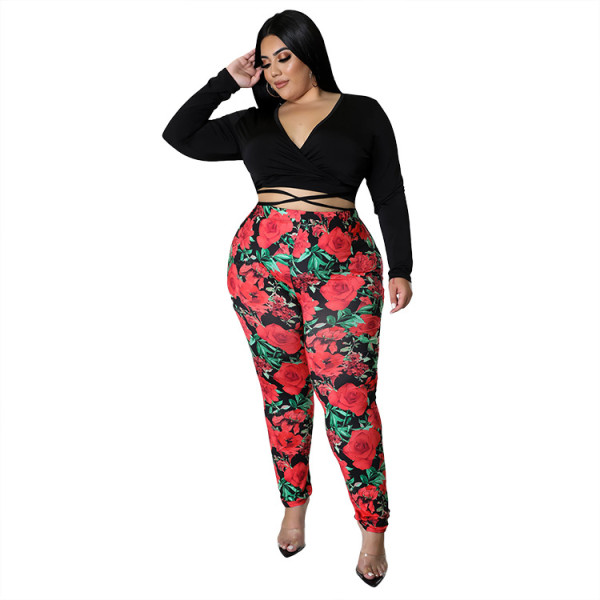 Fashion Print Casual Suit Deep V Top and Leggings Two-piece Set