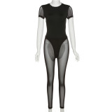 Women's Solid Color Slim Fit Short Sleeve One Piece High Waist Mesh Sheer Pants Set
