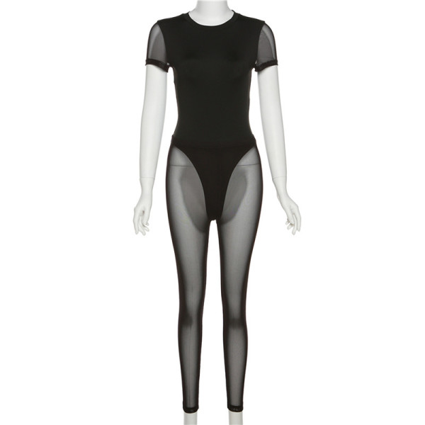 Women's Solid Color Slim Fit Short Sleeve One Piece High Waist Mesh Sheer Pants Set