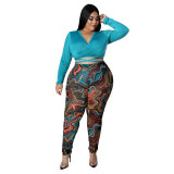 Fashion Print Casual Suit Deep V Top and Leggings Two-piece Set