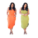 Loose High Waist Sling Midi Dress Woven Solid Color Short Sleeve Dress With Pockets