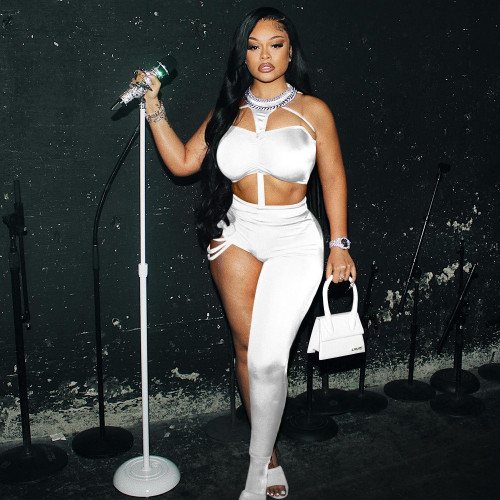 Solid color with the same chest wrap + personalized unilateral trousers two-piece suit