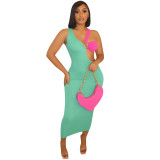 Sleeveless Slim Fit Long Dress with Contrast Panel Cutout Ring