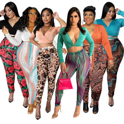 Fashion Print Casual Suit Deep V Top and Leggings Two-piece Set