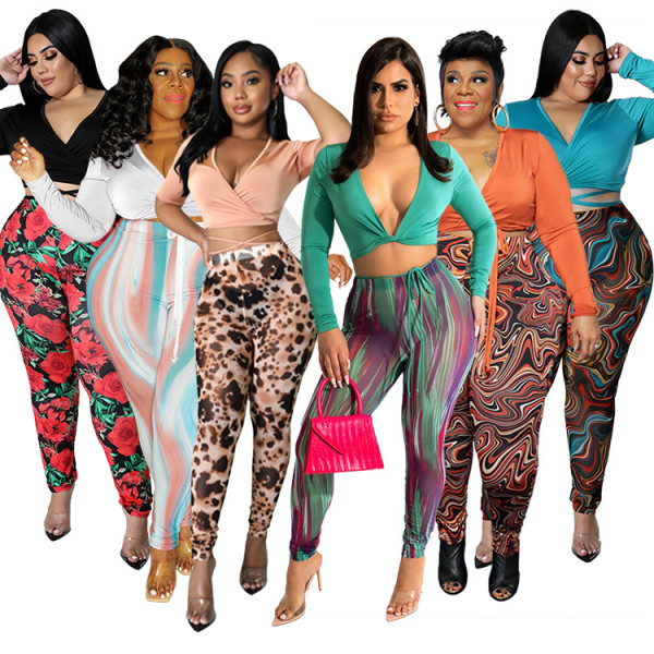 Fashion Print Casual Suit Deep V Top and Leggings Two-piece Set