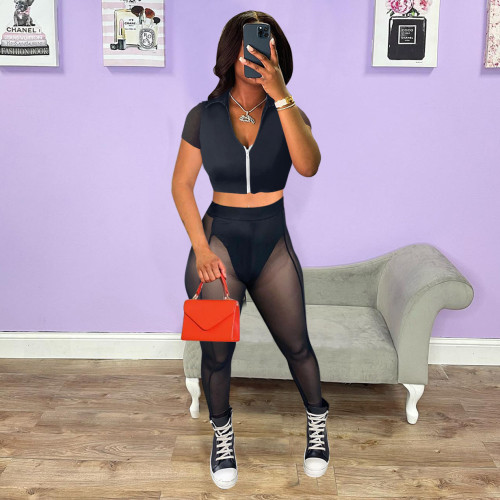 Mesh stitching short-sleeved sexy two-piece suit