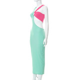Sleeveless Slim Fit Long Dress with Contrast Panel Cutout Ring