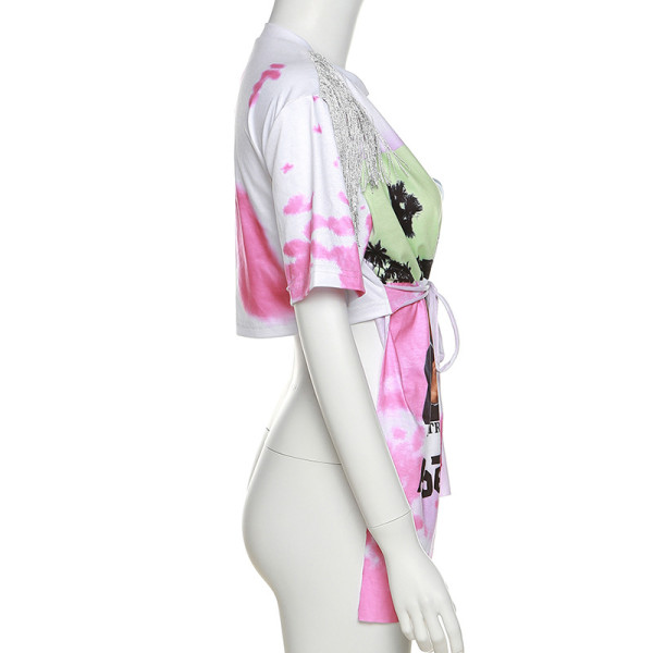 Sexy cardigan lace-up print street shooting loose mid-length short-sleeved top
