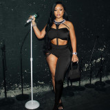 Solid color with the same chest wrap + personalized unilateral trousers two-piece suit