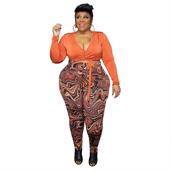 Fashion Print Casual Suit Deep V Top and Leggings Two-piece Set
