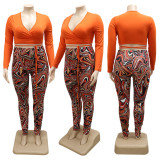 Fashion Print Casual Suit Deep V Top and Leggings Two-piece Set