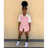 Short-sleeved baseball jacket women's stitching button short-sleeved T-shirt women's sports casual jacket