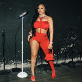 Solid color with the same chest wrap + personalized unilateral trousers two-piece suit
