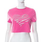 Heart Print Round Neck Cropped Navel Short Sleeve T-Shirt Top