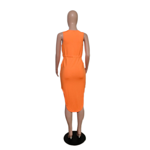 Loose High Waist Sling Midi Dress Woven Solid Color Short Sleeve Dress With Pockets