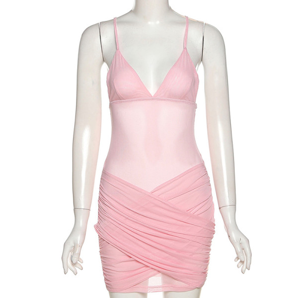 Nightclub Fashion Solid Color Sling Low Cut Mesh Slim Fit Hip Dress