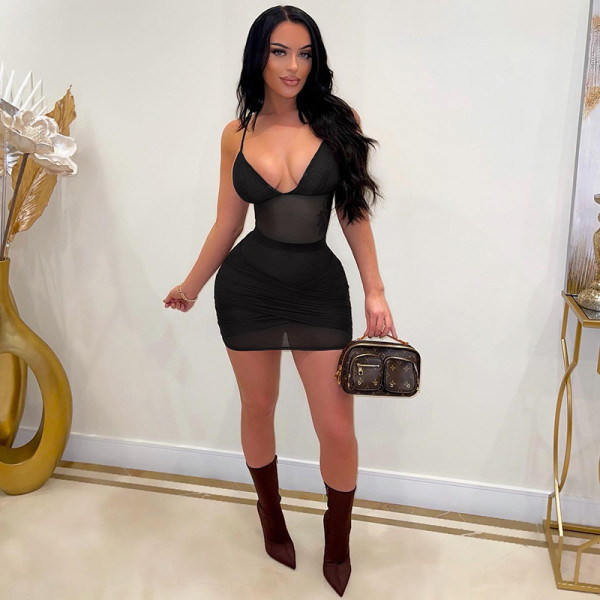 Nightclub Fashion Solid Color Sling Low Cut Mesh Slim Fit Hip Dress