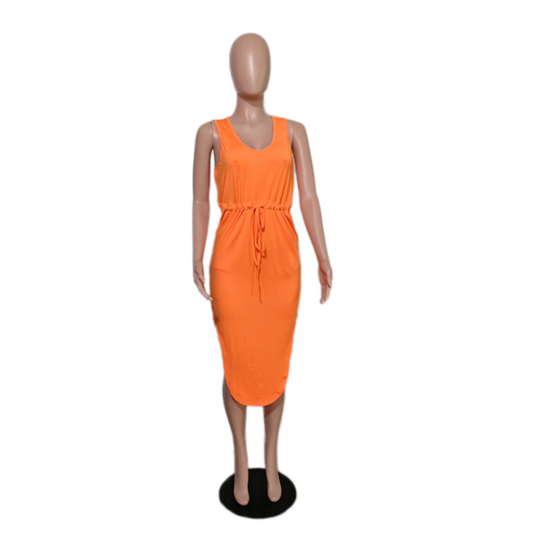 Loose High Waist Sling Midi Dress Woven Solid Color Short Sleeve Dress With Pockets