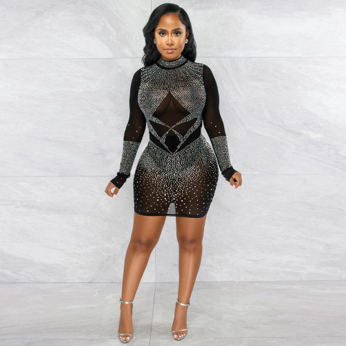 Sexy long-sleeved see-through hot drill bag hip slimming dress without panties