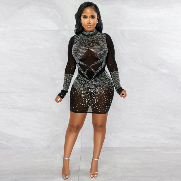 Sexy long-sleeved see-through hot drill bag hip slimming dress without panties